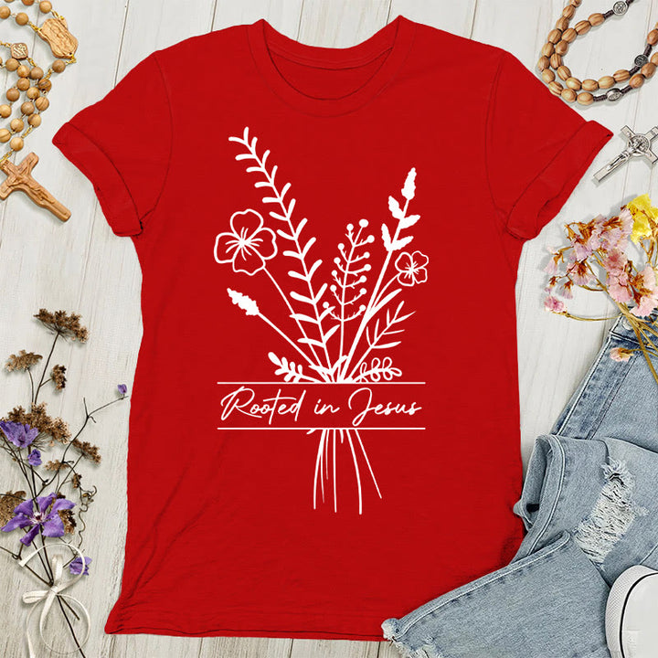 Christianartworkshop Damen T-Shirt mit Aufschrift „Verwurzelt in Jesus“