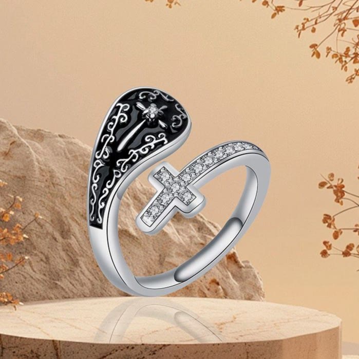 Christianartworkshop Klassischer, verstellbarer Ring mit Glaubenskreuz, barocken Mustern und schwarzer Einlage. - Verstellbar (Geeignet für US-Größen 5,5-6,5) - image 0