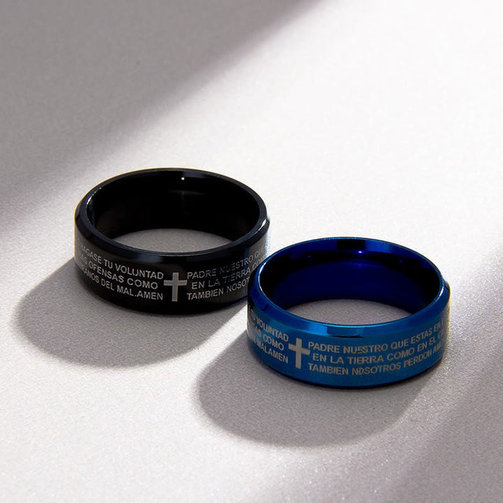 Christianartworkshop Minimalistischer 8 mm großer dreifarbiger Ring mit heiligem Vers und Kreuzmotiv: Tragen Sie Ihren Glauben