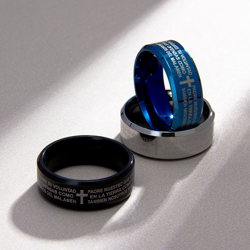 Christianartworkshop Minimalistischer 8 mm großer dreifarbiger Ring mit heiligem Vers und Kreuzmotiv: Tragen Sie Ihren Glauben