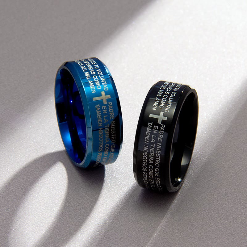 Christianartworkshop Minimalistischer 8 mm großer dreifarbiger Ring mit heiligem Vers und Kreuzmotiv: Tragen Sie Ihren Glauben