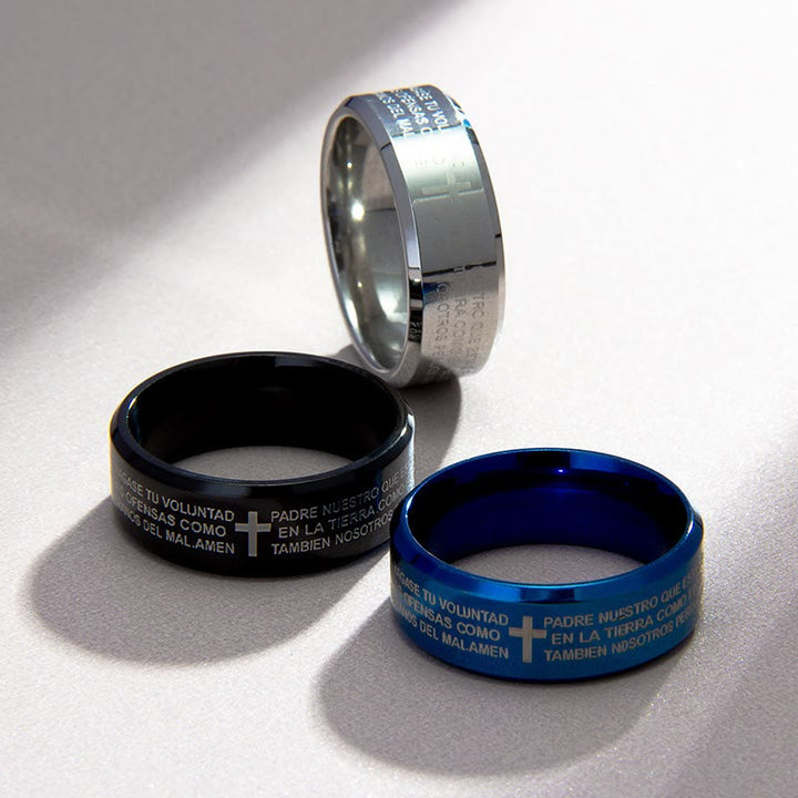 Christianartworkshop Minimalistischer 8 mm großer dreifarbiger Ring mit heiligem Vers und Kreuzmotiv: Tragen Sie Ihren Glauben