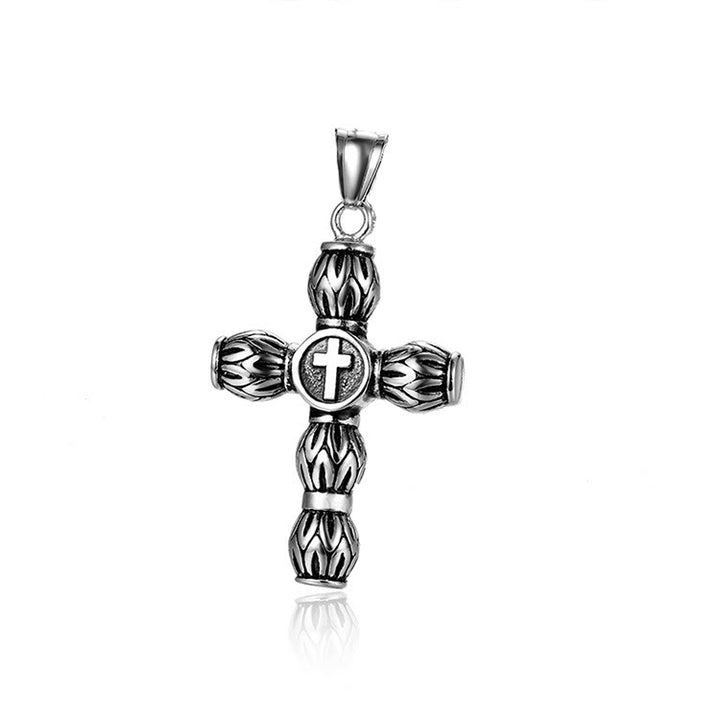 Christianartworkshop Halskette mit dickem Kreuz im Flammenmuster und erhabenem Emblem in der Mitte