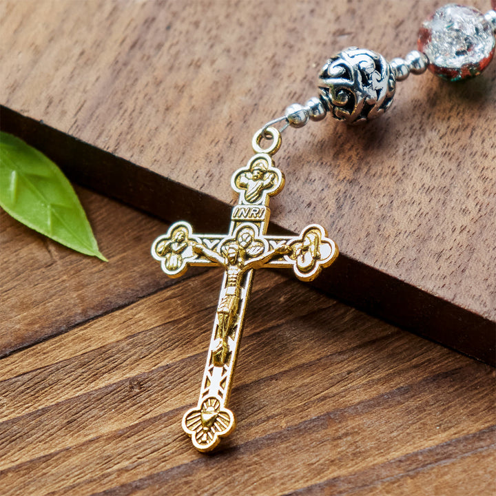 Christianartworkshop GEBETSVOLLER GLAUBE: Handgefertigter Rosenkranz mit mehrfarbigen Glasperlen und Messingkruzifix in Farbverlaufsform mit Geschenkkarte - image 7