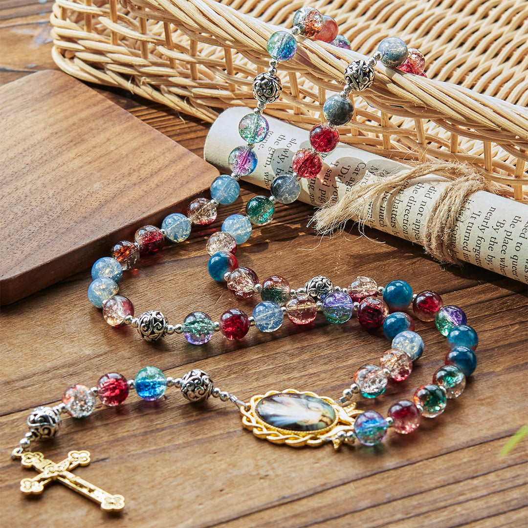 Christianartworkshop GEBETSVOLLER GLAUBE: Handgefertigter Rosenkranz mit mehrfarbigen Glasperlen und Messingkruzifix in Farbverlaufsform mit Geschenkkarte - image 6