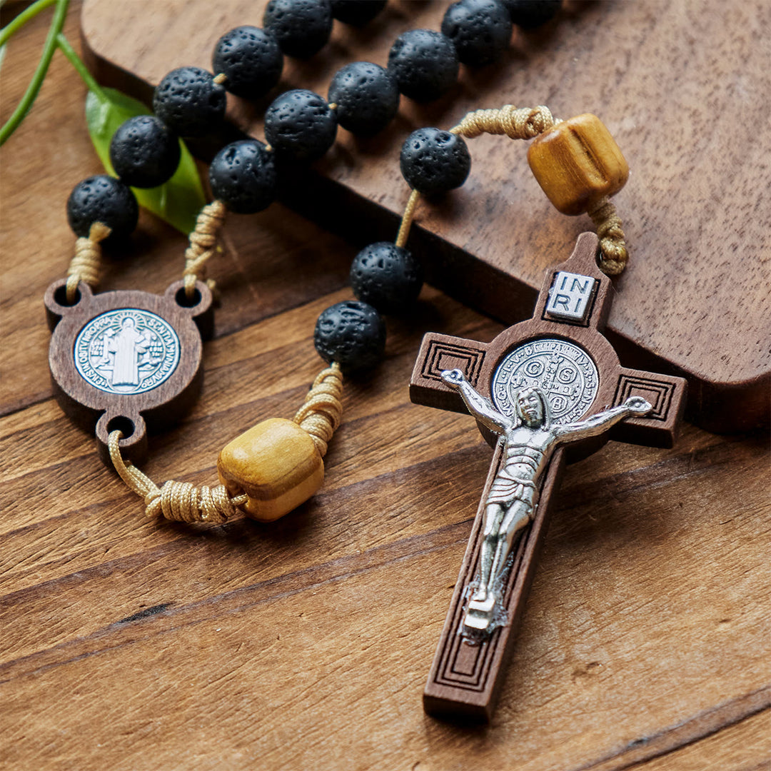 Christianartworkshop Rosenkranz aus natürlichem, langlebigem Vulkangestein mit St. Benedikt-Medaille und Kruzifix