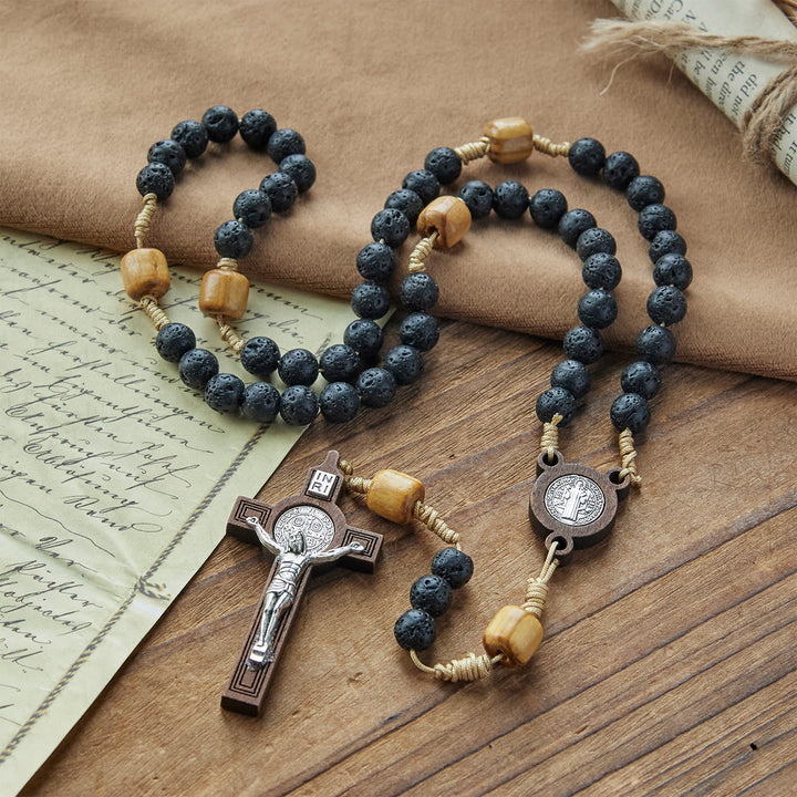 Christianartworkshop Rosenkranz aus natürlichem, langlebigem Vulkangestein mit St. Benedikt-Medaille und Kruzifix