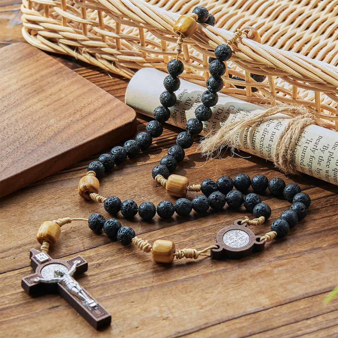 Christianartworkshop Rosenkranz aus natürlichem, langlebigem Vulkangestein mit St. Benedikt-Medaille und Kruzifix