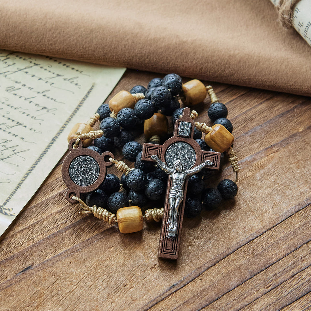 Christianartworkshop Rosenkranz aus natürlichem, langlebigem Vulkangestein mit St. Benedikt-Medaille und Kruzifix