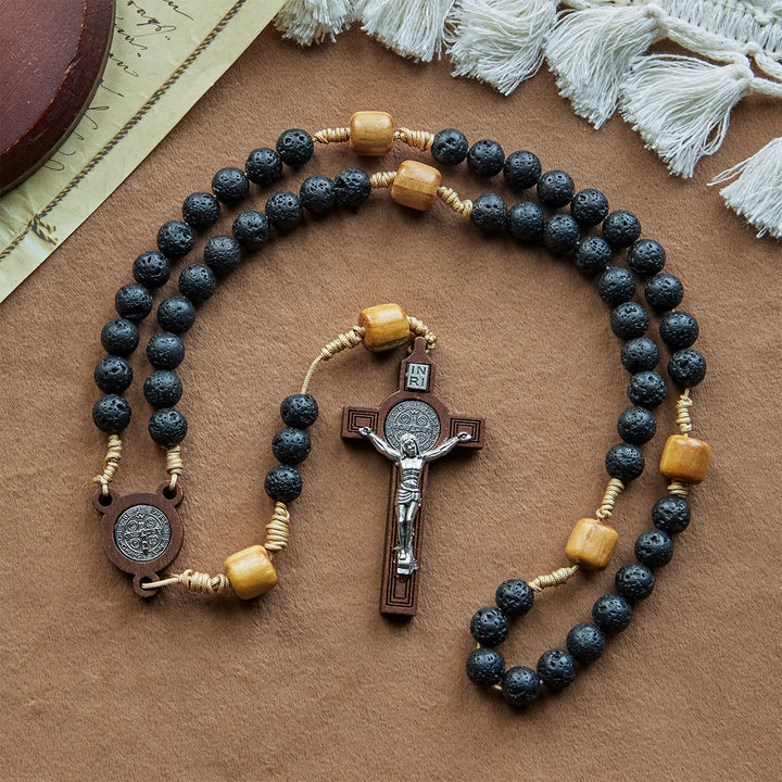 Christianartworkshop Rosenkranz aus natürlichem, langlebigem Vulkangestein mit St. Benedikt-Medaille und Kruzifix
