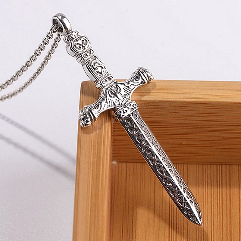 Christianartworkshop Vintage Sterling Silber Schwert Kreuz Heilige Halskette mit mittelalterlichen Gravuren - S925 - image 0