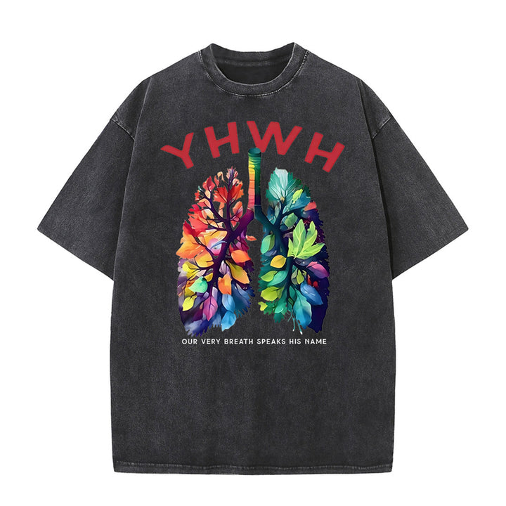Christianartworkshop YHWH Blattförmiges buntes Lungen christliches Unisex gewaschenes T-Shirt