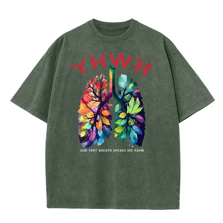 Christianartworkshop YHWH Blattförmiges buntes Lungen christliches Unisex gewaschenes T-Shirt