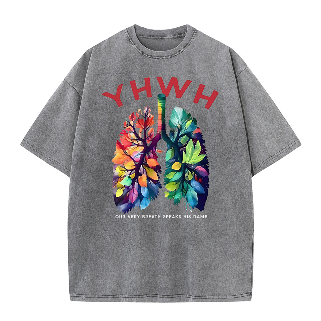 Christianartworkshop YHWH Blattförmiges buntes Lungen christliches Unisex gewaschenes T-Shirt