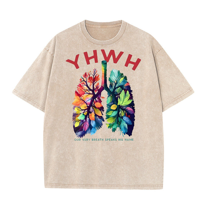 Christianartworkshop YHWH Blattförmiges buntes Lungen christliches Unisex gewaschenes T-Shirt