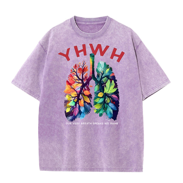 Christianartworkshop YHWH Blattförmiges buntes Lungen christliches Unisex gewaschenes T-Shirt