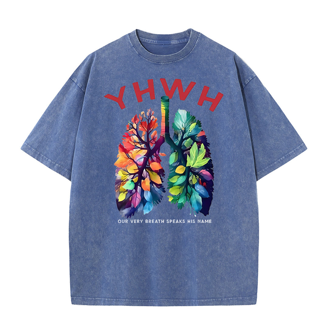 Christianartworkshop YHWH Blattförmiges buntes Lungen christliches Unisex gewaschenes T-Shirt