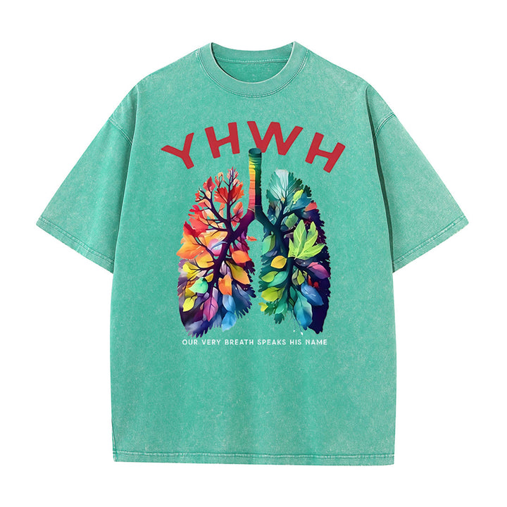 Christianartworkshop YHWH Blattförmiges buntes Lungen christliches Unisex gewaschenes T-Shirt