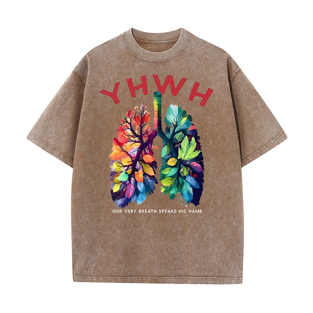 Christianartworkshop YHWH Blattförmiges buntes Lungen christliches Unisex gewaschenes T-Shirt
