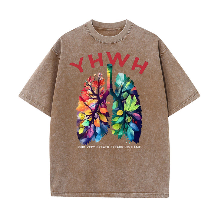 Christianartworkshop YHWH Blattförmiges buntes Lungen christliches Unisex gewaschenes T-Shirt