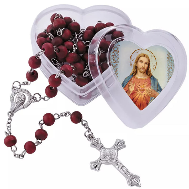 Christianartworkshop Rosenkranz mit weinroten Perlen, Heiliges Herz Jesu, mit herzförmiger Schachtel - image 5