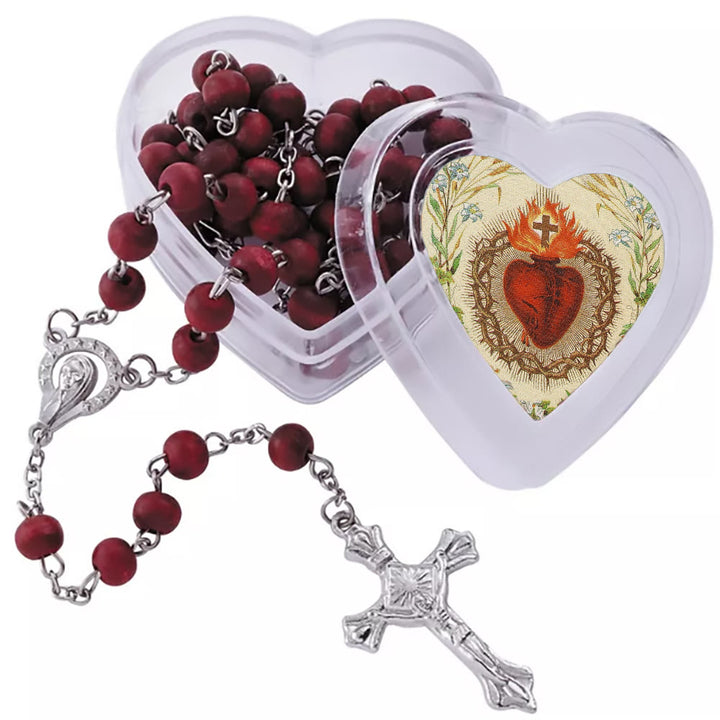 Christianartworkshop Rosenkranz mit runden Perlen in Burgunderrot in einer Schachtel mit dem Heiligen Herzen Jesu - image 4