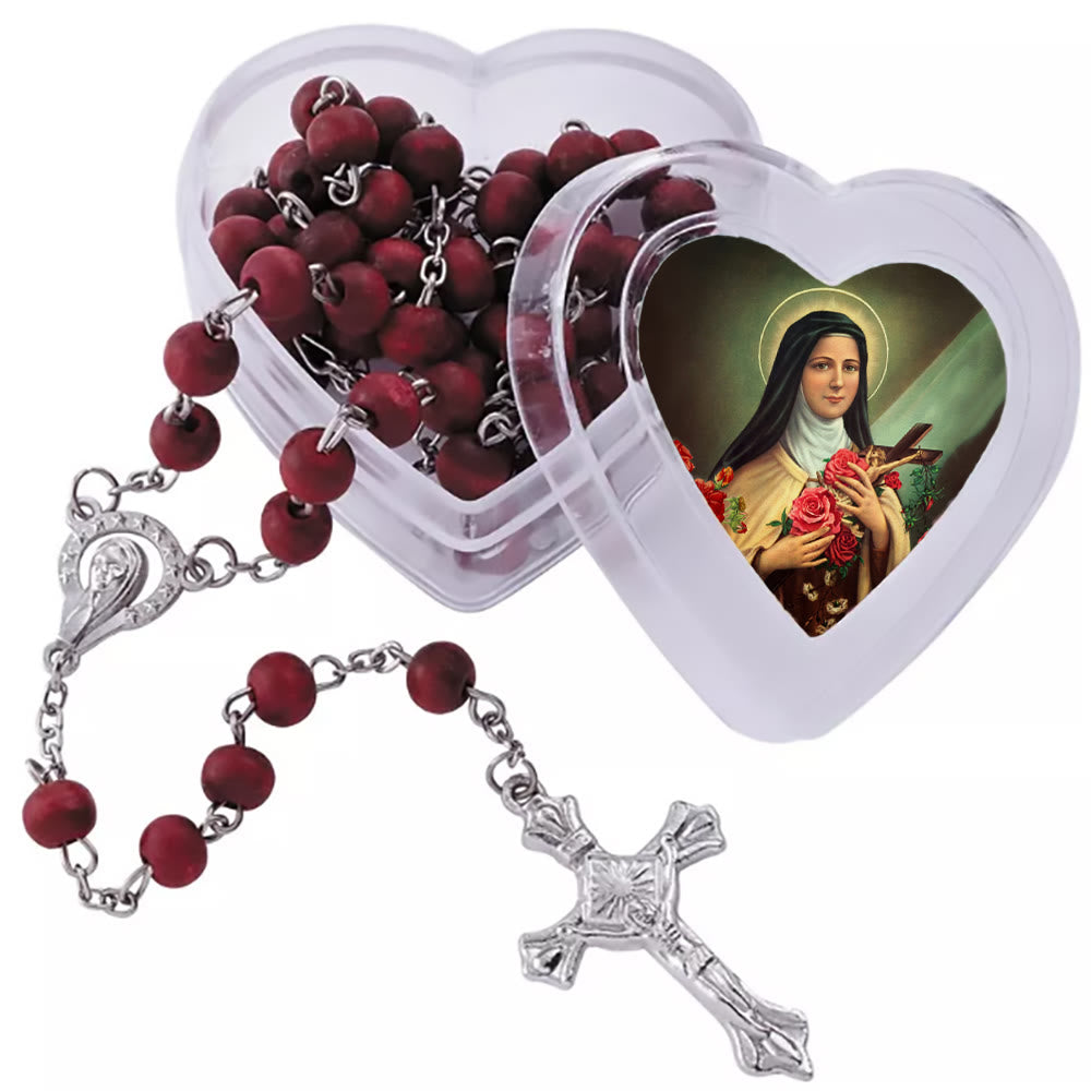 Christianartworkshop Weinroter Rosenkranz mit Unserer Lieben Frau und Kruzifix in herzförmiger Schachtel der Heiligen Therese - image 4