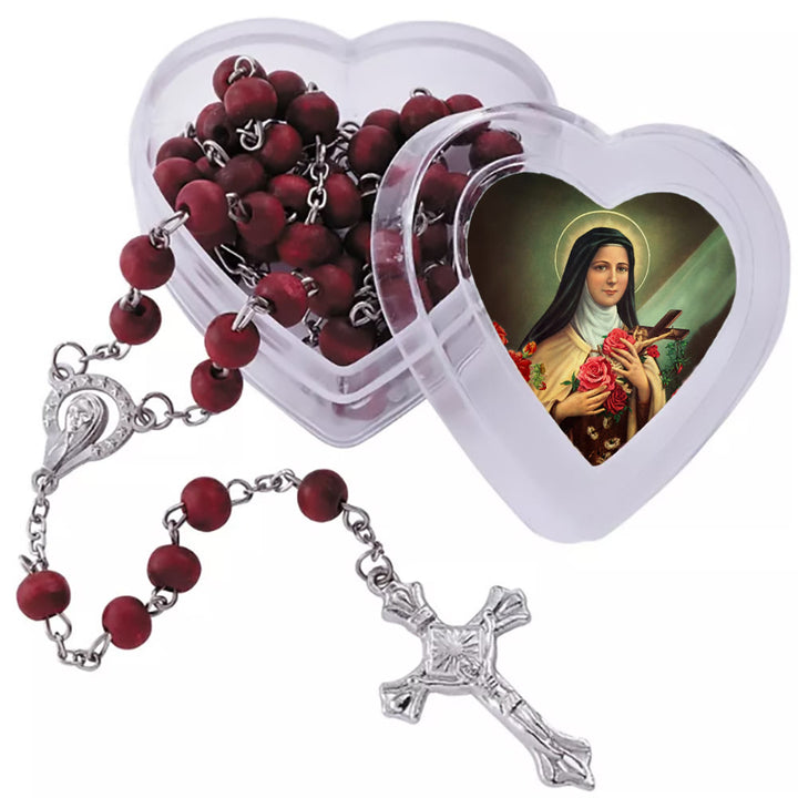 Christianartworkshop Weinroter Rosenkranz mit Unserer Lieben Frau und Kruzifix in herzförmiger Schachtel der Heiligen Therese - image 4