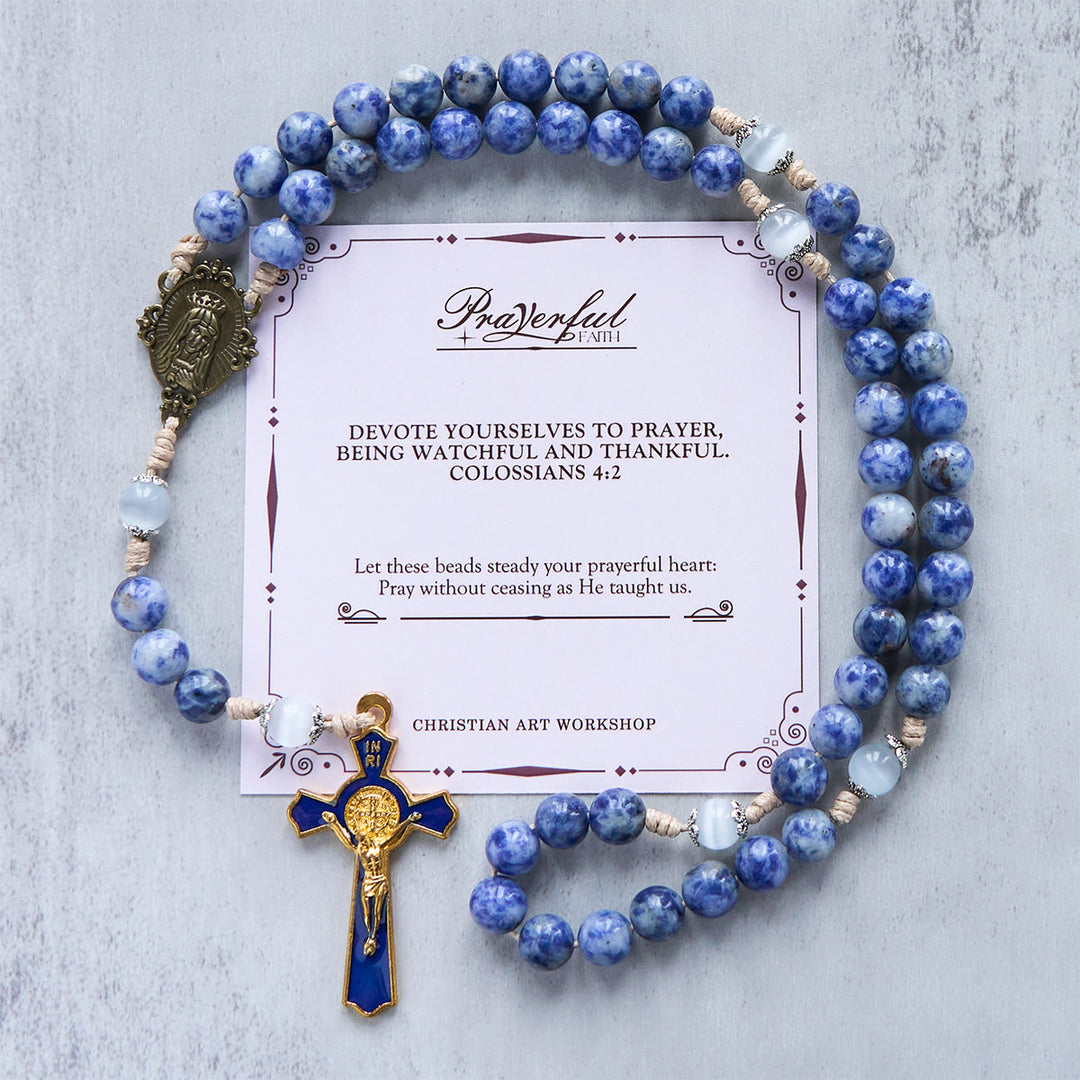 Christianartworkshop GEBETSVOLLER GLAUBE: Runder Rosenkranz aus Nylonschnur mit blauem Stein und Geschenkkarte - GEBETSVOLLER GLAUBE - image 1
