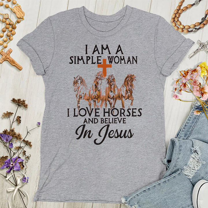 Christianartworkshop Damen T-Shirt mit Aufschrift "I Love Horses & Believe In Jesus"