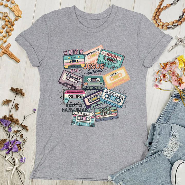 Christianartworkshop Jesus Anthems mit bunten Kassetten Weiches christliches Damen-T-Shirt