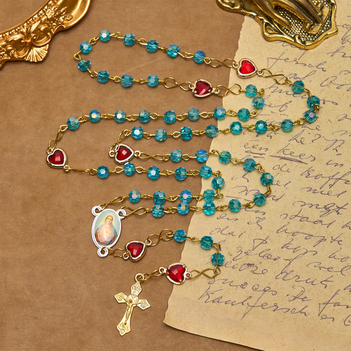 Christianartworkshop Rosenkranz mit Herz-Jesu-Anhänger und Kruzifix aus 6 mm Polyeder, blaue Glaslegierung