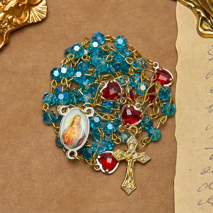 Christianartworkshop Rosenkranz mit Herz-Jesu-Anhänger und Kruzifix aus 6 mm Polyeder, blaue Glaslegierung