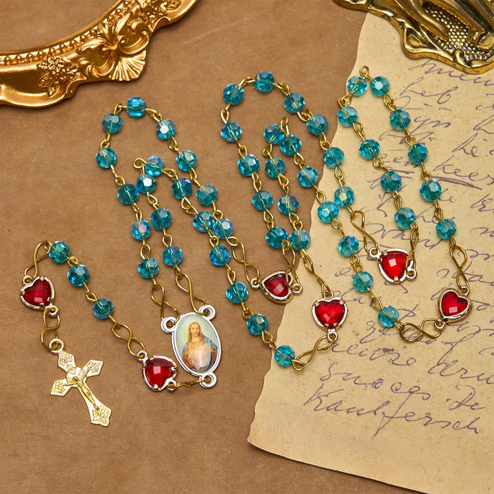 Christianartworkshop Rosenkranz mit Herz-Jesu-Anhänger und Kruzifix aus 6 mm Polyeder, blaue Glaslegierung