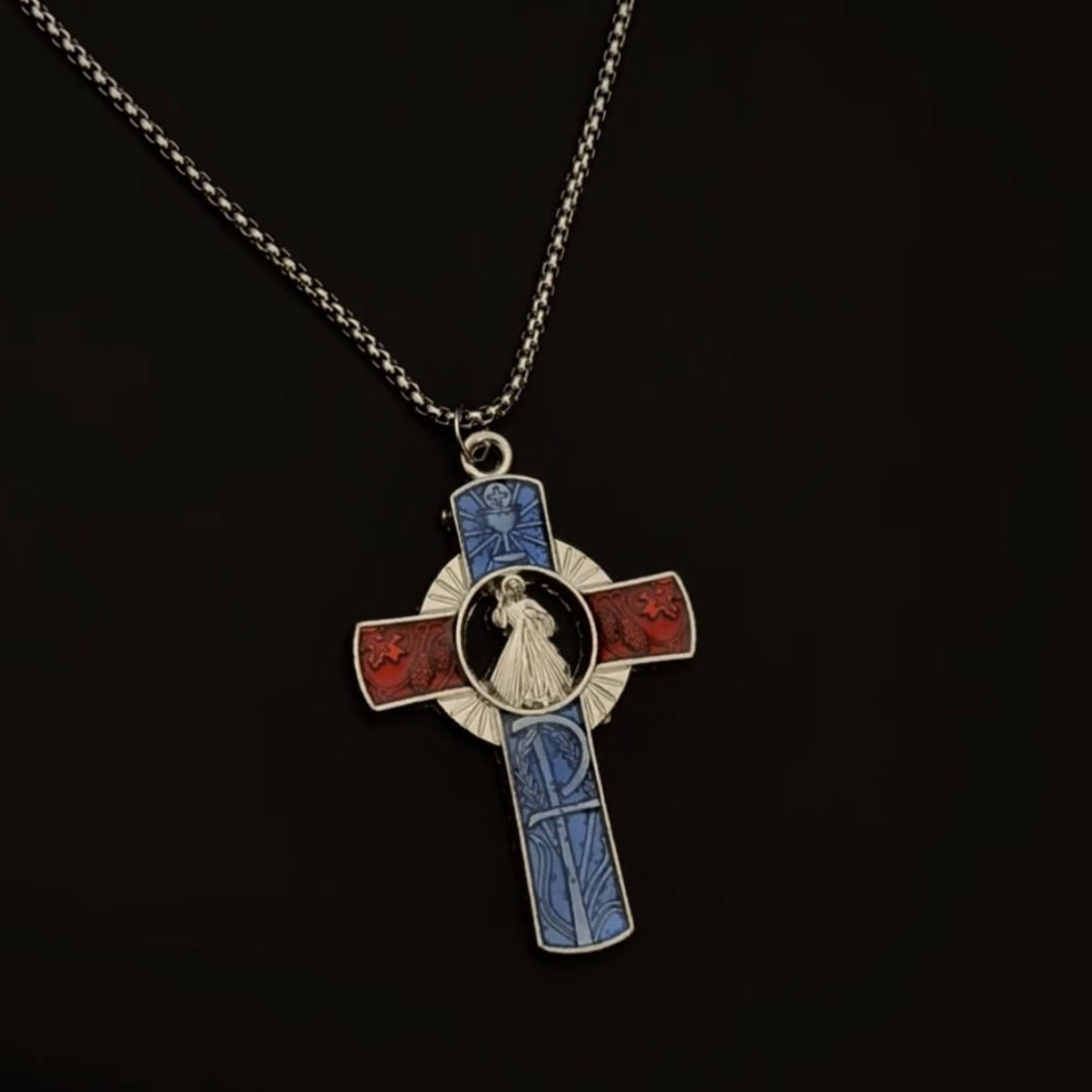 Christianartworkshop Klassische Halskette mit Kreuz der Göttlichen Barmherzigkeit in leuchtendem Rot und Blau