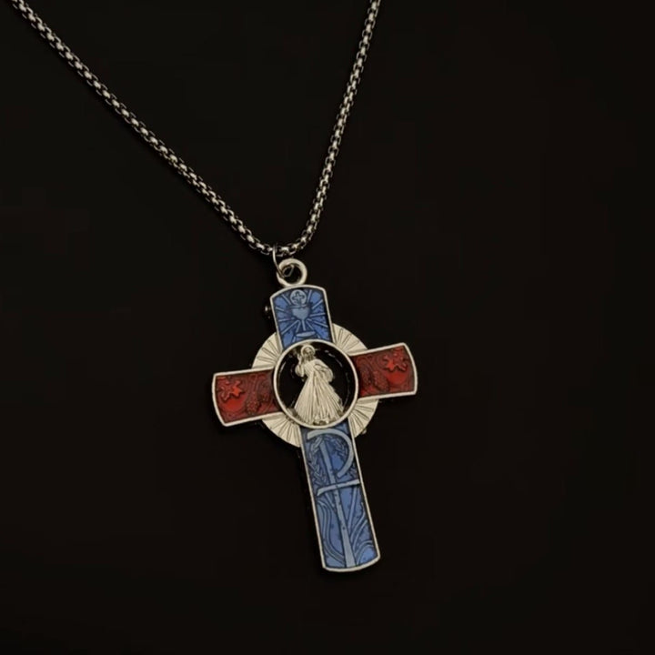 Christianartworkshop Klassische Halskette mit Kreuz der Göttlichen Barmherzigkeit in leuchtendem Rot und Blau