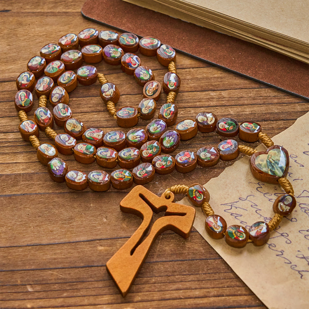 Christianartworkshop Hölzerne Heiligenmedaillenperlen mit Franziskaner-Tau-Kreuz-Rosenkranz: Ein zeitloses Erbstück
