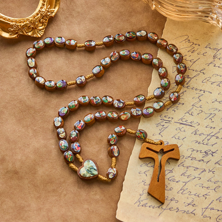 Christianartworkshop Hölzerne Heiligenmedaillenperlen mit Franziskaner-Tau-Kreuz-Rosenkranz: Ein zeitloses Erbstück
