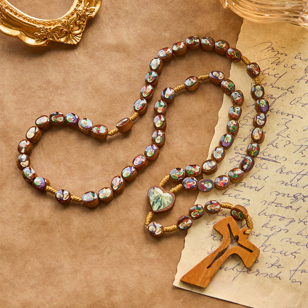Christianartworkshop Hölzerne Heiligenmedaillenperlen mit Franziskaner-Tau-Kreuz-Rosenkranz: Ein zeitloses Erbstück