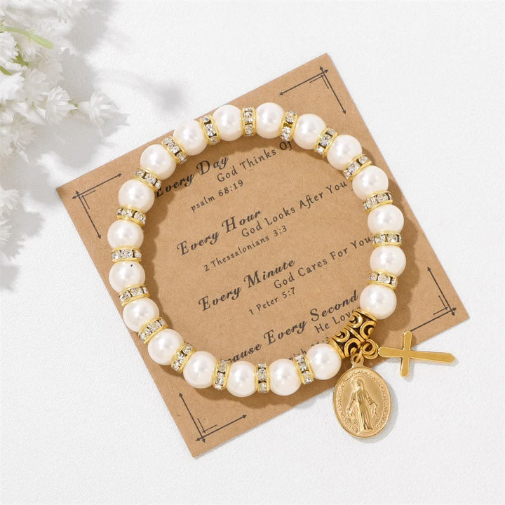 Christianartworkshop PRAYERFUL FAITH: Elegantes weißes Armband mit Wundermedaille und Bibelverskarte