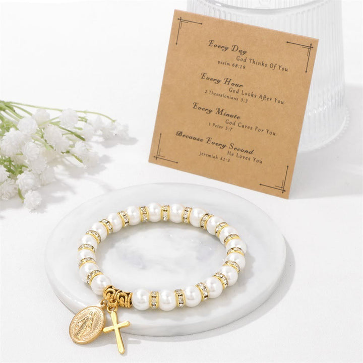 Christianartworkshop PRAYERFUL FAITH: Elegantes weißes Armband mit Wundermedaille und Bibelverskarte
