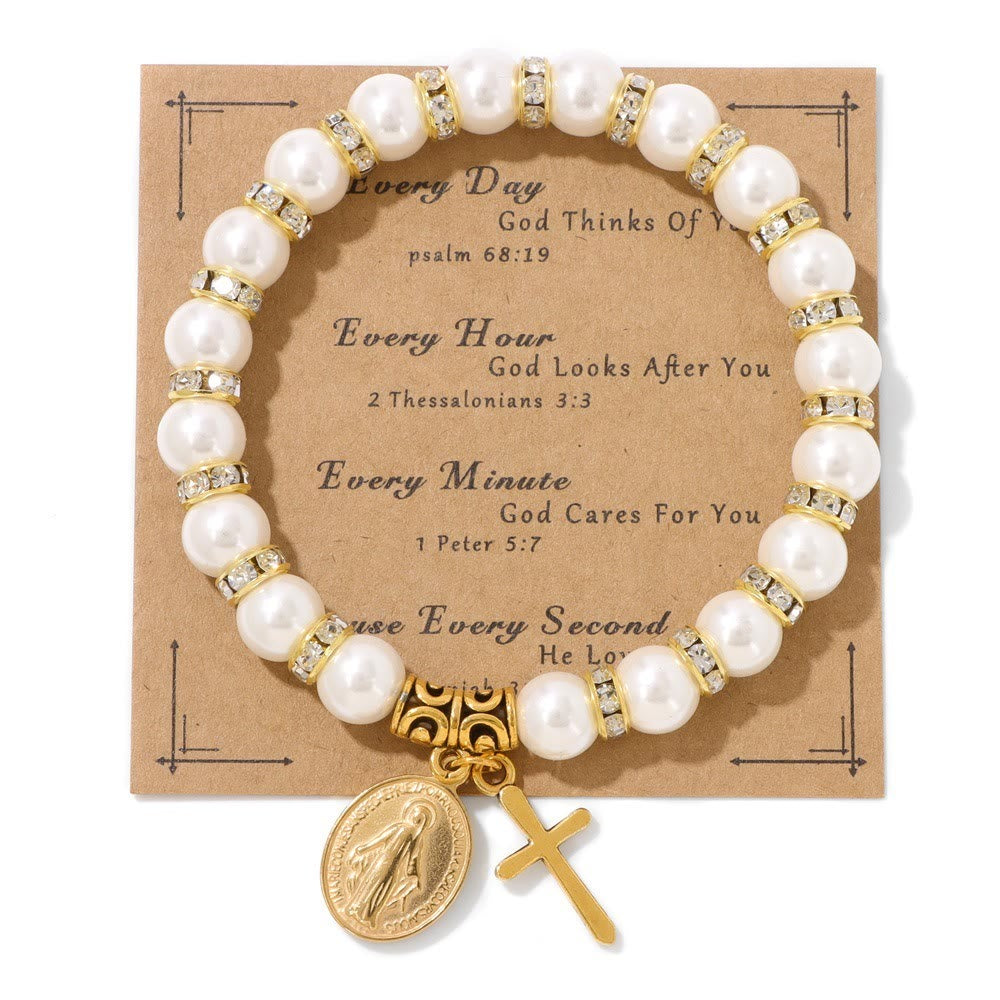 Christianartworkshop PRAYERFUL FAITH: Elegantes weißes Armband mit Wundermedaille und Bibelverskarte