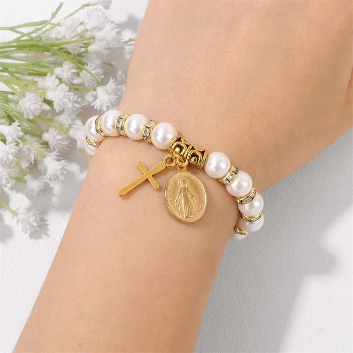 Christianartworkshop PRAYERFUL FAITH: Elegantes weißes Armband mit Wundermedaille und Bibelverskarte