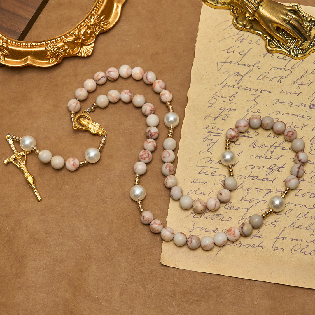 Christianartworkshop Rosenkranz aus mattem rosa Zebrajaspis und Perlen mit Wundertätiger Medaille und Kruzifix - image 4