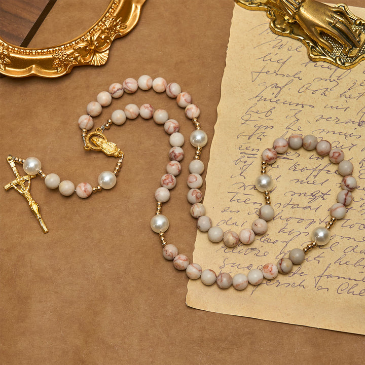 Christianartworkshop Rosenkranz aus mattem rosa Zebrajaspis und Perlen mit Wundertätiger Medaille und Kruzifix - image 4