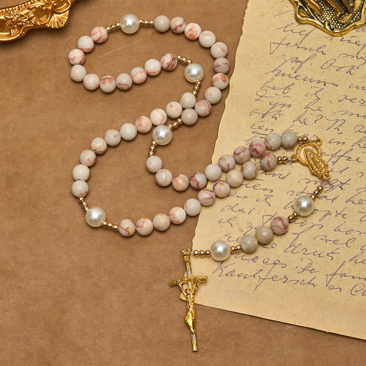 Christianartworkshop Rosenkranz aus mattem rosa Zebrajaspis und Perlen mit Wundertätiger Medaille und Kruzifix - Rosa - image 0