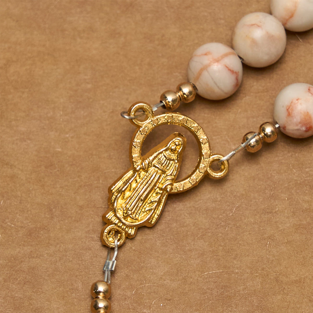 Christianartworkshop Rosenkranz aus mattem rosa Zebrajaspis und Perlen mit Wundertätiger Medaille und Kruzifix
