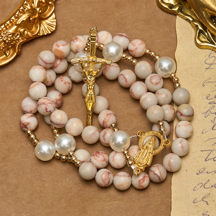 Christianartworkshop Rosenkranz aus mattem rosa Zebrajaspis und Perlen mit Wundertätiger Medaille und Kruzifix - image 5