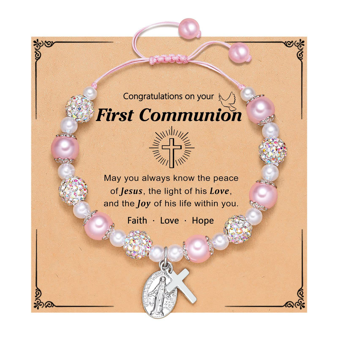 Christianartworkshop GEBETSVOLLER GLAUBE: Geschenkarmband zur Erstkommunion mit Kreuz und Segenskarte - A - image 1