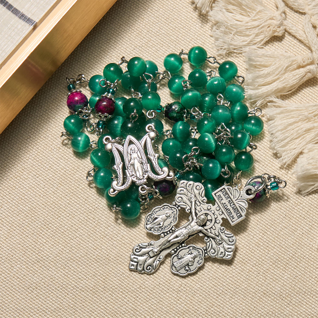 Christianartworkshop Natürliche pfauengrüne Katzenaugenperle mit Wundertätiger Medaille und Kruzifix-Rosenkranz - image 7